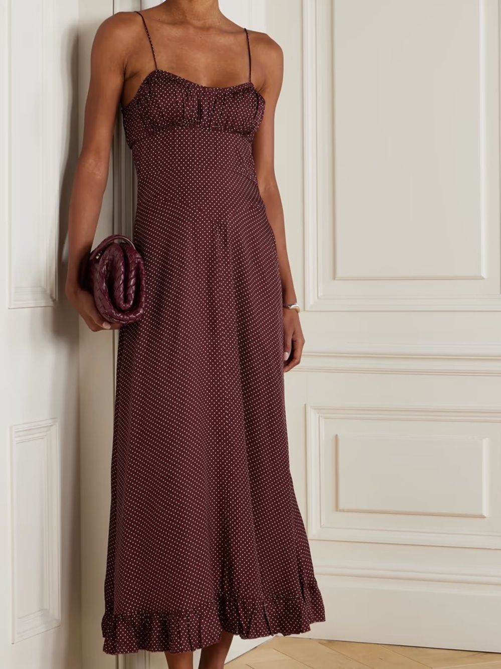 Doen Rosaria Silk Ruffle Ruched Midi Maxi Dress Burgundy Colette Dot Polka - Picture 1 of 10